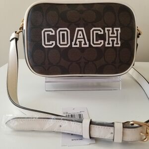 Coach Mini Jamie Camera Bag In Signature Canvas With Varsity Motif Crossbody